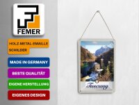 Blechpostkarte Reise 10x14cm Toskana Italien Architektur Gebirge Schild