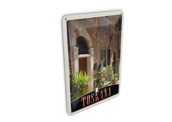 Blechpostkarte Reise 10x14 cm Toskana Italien Gebäude Natur Deko Schild