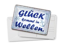 Blechpostkarte Spruch 10x14 cm Glück kommt in Wellen Deko Schild