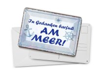Blechpostkarte Spruch 10x14 cm In Gedanken barfuß am Meer Anker Deko Schild