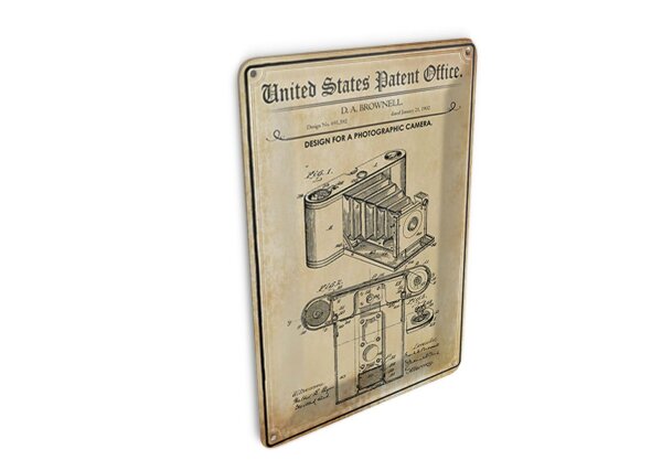 Blechpostkarte Patent 10x14 cm Entwurf für eine Fotokamera 2 Deko Schild
