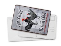 Blechpostkarte Reklame 10x14 cm Welcome to our coop Hühner Deko Schild