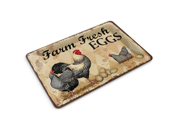 Blechpostkarte Reklame 10x14 cm Farm Fresh Eggs Hühner Deko Schild