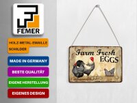 Blechpostkarte Reklame 10x14 cm Farm Fresh Eggs Hühner Deko Schild
