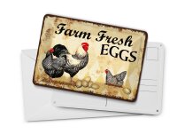 Blechpostkarte Reklame 10x14 cm Farm Fresh Eggs Hühner Deko Schild