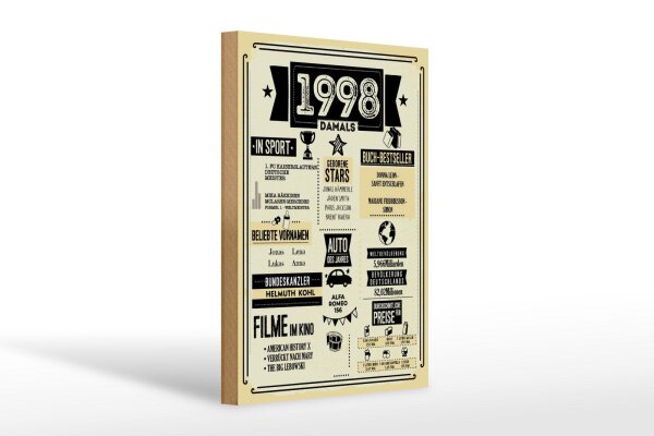 Holzschild 20x30 cm Geburtstagsschild Jahrgang 1998 beige Schild