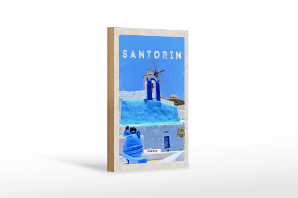 Holzschild Reise 12x18 cm Santorini Greece Griechenland blau