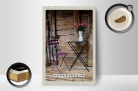 Holzschild Reise 12x18cm Skandinavien Terrasse Stuhl Tisch Blume