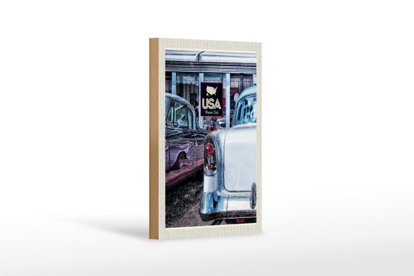 Holzschild Reise 12x18cm Amerika Oldtimer 90er silber Dram Cars