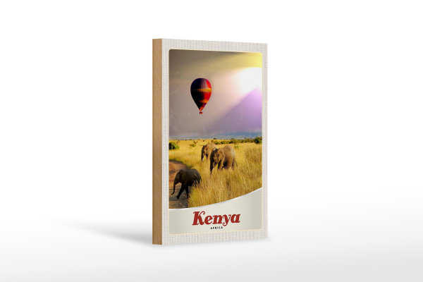 Holzschild Reise 12x18 cm Kenia Afrika Elefanten Heißluftballon