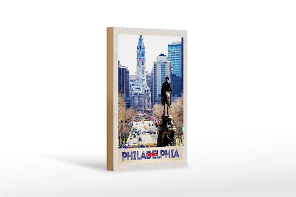Holzschild Reise 12x18 cm Philadelphia USA Amerika Stadt Kirche