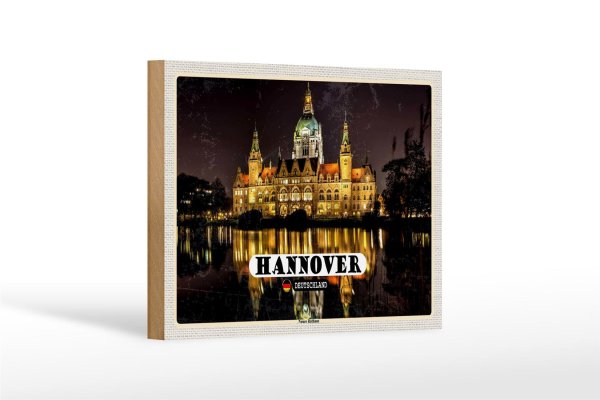Holzschild Städte Hannover Neues Rathaus Abend 18x12 cm