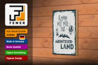 Holzschild Spruch Komm mit mir ins Abenteuerland 12x18 cm