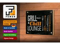 Holzschild Spruch Grill & Chill Lounge Grillen Dekoration 18x12 cm