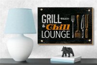 Holzschild Spruch Grill & Chill Lounge Grillen Dekoration 18x12 cm