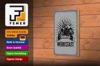 Holzschild Hinweis 12x18 cm Motorrad Werkstatt graue Dekoration