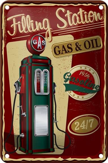 Blechschild Retro 12x18cm Gasoline filling station gas 24/7
