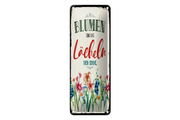 Blechschild Spruch 10x27 cm Blumen sind das Lächeln der Erde Dekoration