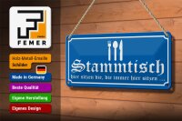 Blechschild Hinweis 27x10 cm Stammtisch hier sitzen (blau) Dekoration