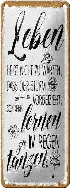 Blechschild Spruch Leben nicht warten Sturm vorbei 10x27cm