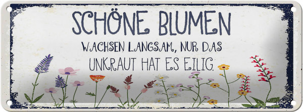Blechschild Spruch schöne Blumen wachsen langsam 27x10cm Dekoration