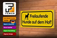 Holzschild Hinweis 27x10cm Freilaufende Hunde auf dem Hof