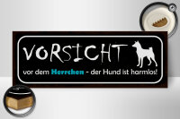 Holzschild Hinweis 27x10cm Vorsicht Herrchen Hund harmlos