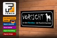 Holzschild Hinweis 27x10cm Vorsicht Herrchen Hund harmlos