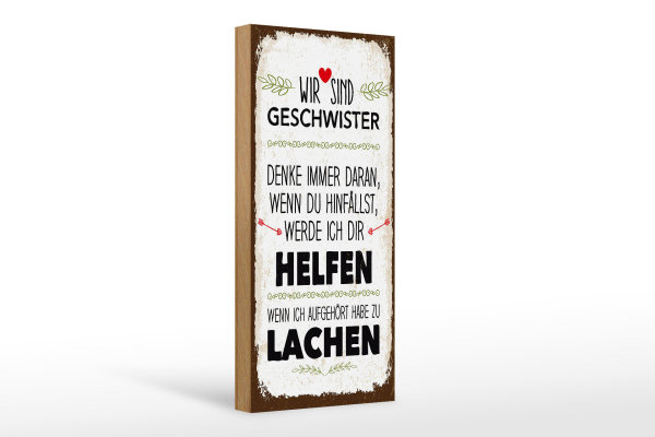 Holzschild Spruch Geschwister wir lachen helfen 10x27cm