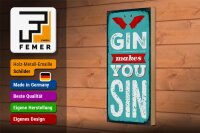 Holzschild Spruch Gin makes you Sin Devil Hell 10x27cm