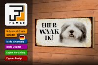 Holzschild Spruch 27x10cm holländisch Hier Waak ik Bobtail Hund