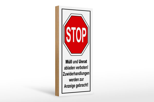 Holzschild Hinweis 10x27cm Stop Müll und Unrat verboten
