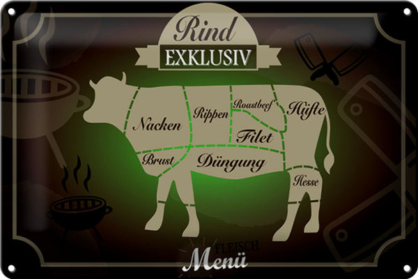 Blechschild Fleisch 30x20cm Schnitte Rind exklusiv Menü