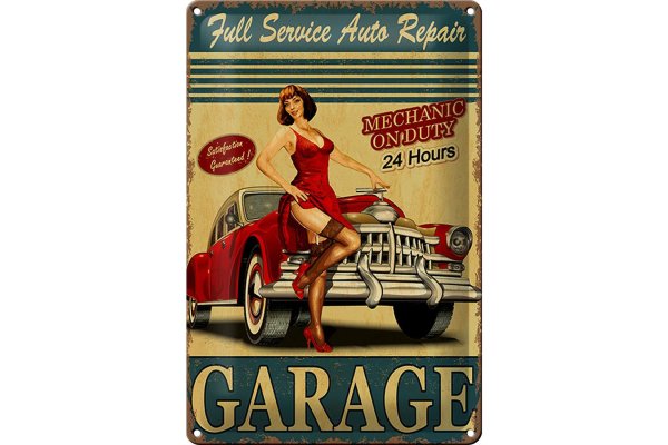 Blechschild Pinup 20x30cm Garage Full Service Auto Repair
