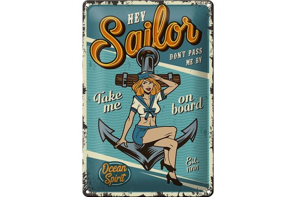 Blechschild Retro 20x30cm Pinup hey Sailor Ocean spirit See