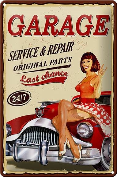 Blechschild Pinup 20x30cm Retro Garage service repair 24/7