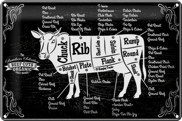 Blechschild Kuh 30x20cm Beef cuts Organic Metzgerei