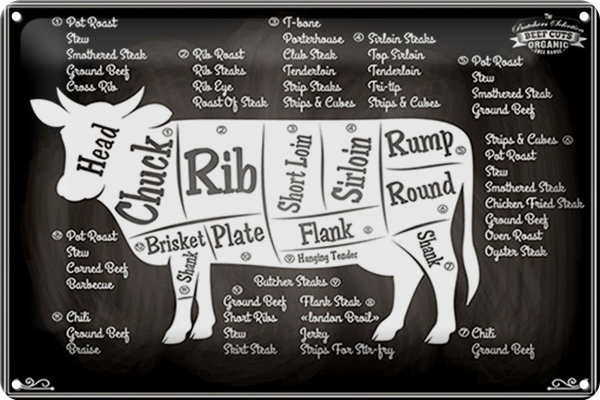 Blechschild Kuh 30x20cm Beef cuts Organic Fleisch Metzgerei