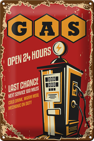 Blechschild Retro 20x30cm Gas open 24 next service