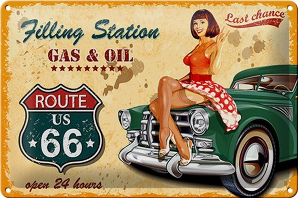 Blechschild Pinup 30x20cm Retro Gas Oil open 24 hours