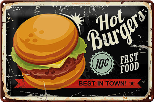 Blechschild Retro 30x20cm hot burgers best in town