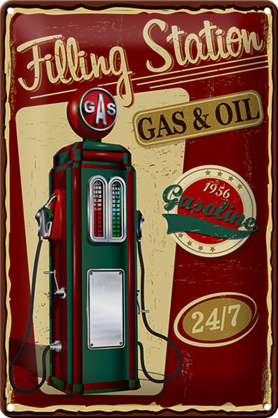 Blechschild Retro 20x30cm Gasoline filling station gas 24/7