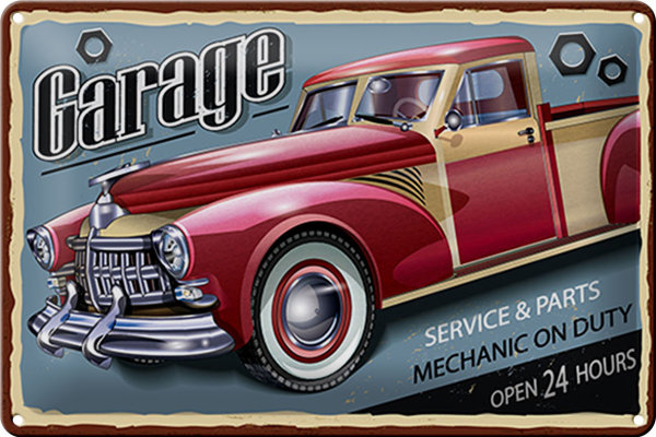 Blechschild Retro 30x20cm Auto Garage service parts open 24