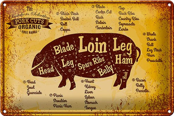Blechschild Schwein 30x20cm Pork cuts organic Metzgerei
