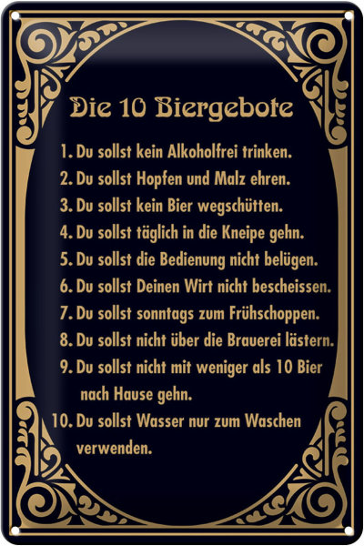 Blechschild Alkohol 20x30cm 10 Biergebote Bier Schild