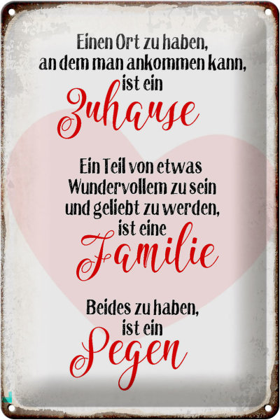 Blechschild Spruch 20x30cm Zuhause Familie Segen Herz