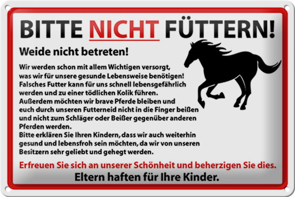 Blechschild Hinweis 30x20cm Bitte nicht füttern Pferde
