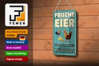 Blechschild Spruch 12x18cm frische Eier glückliche Hühner