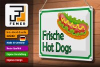 Blechschild Hinweis 30x20cm frische Hot Dogs Restaurant