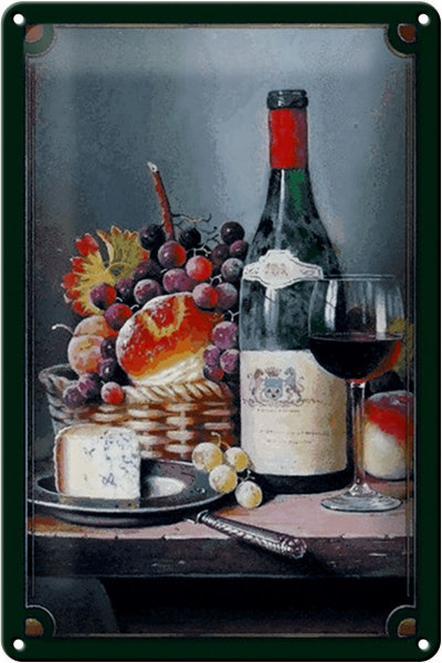 Blechschild Kunst 20x30cm Stillleben Rotwein Käse Obst